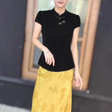 新中式国风真丝植绒盘扣衬衫女2025秋季新款立领气质短袖斜襟上衣