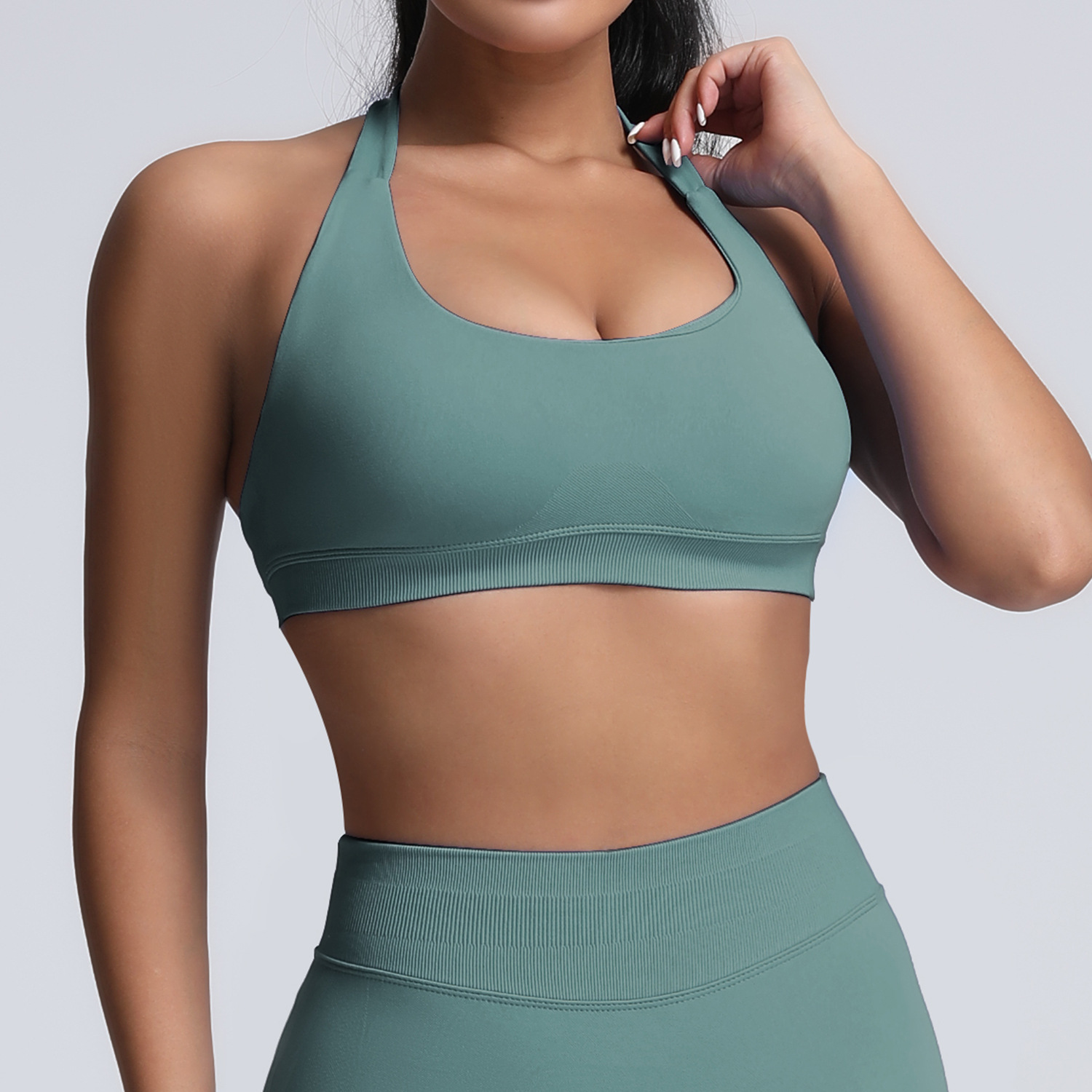 Europa y los Estados Unidos cuello colgante belleza de espalda ropa interior deportiva alta elástica matte nylon de espalda abierta gran chaqueta de yoga sujetador mujer