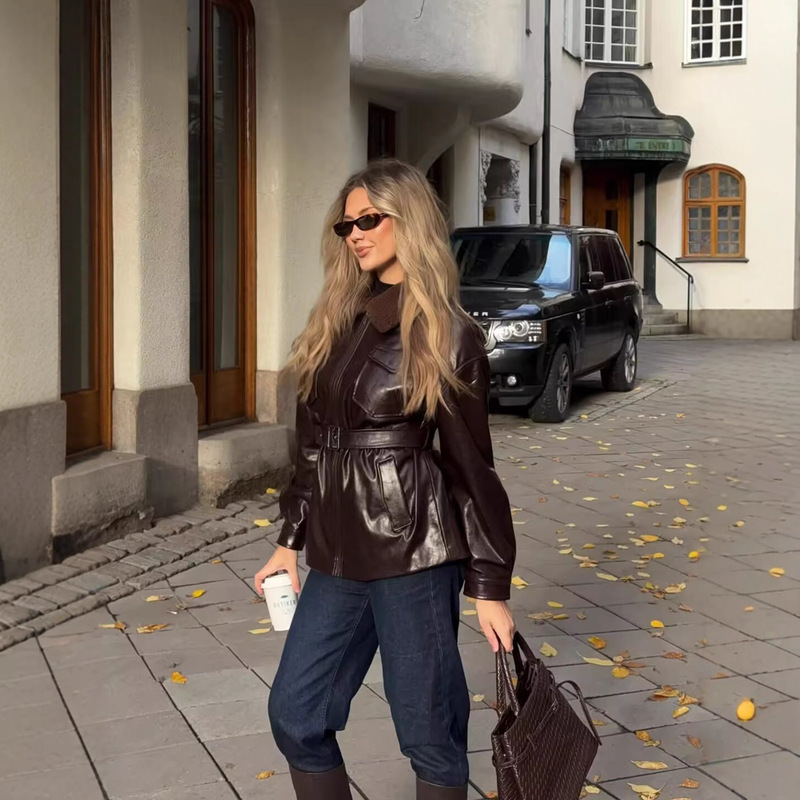 Cross-Border European and American 2025 Winter New Urban Fashion Motorcycle Style Coated Lapel Jacket with Belt