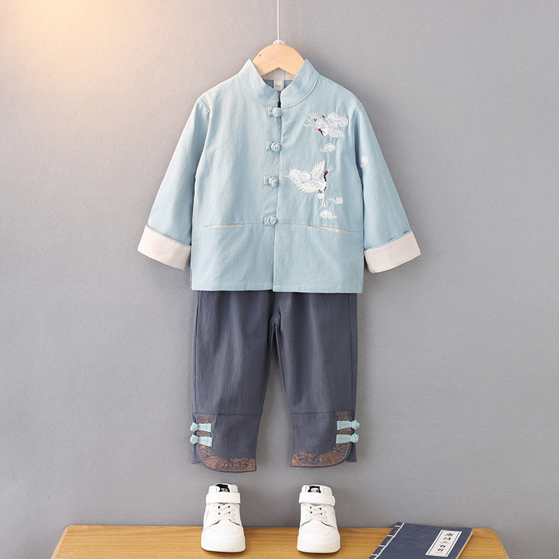 children Chinese style Tang costume Hanfu One piece On behalf of spring and autumn Boy suit baby Cotton and hemp Children's clothing Republic of China ancient costume