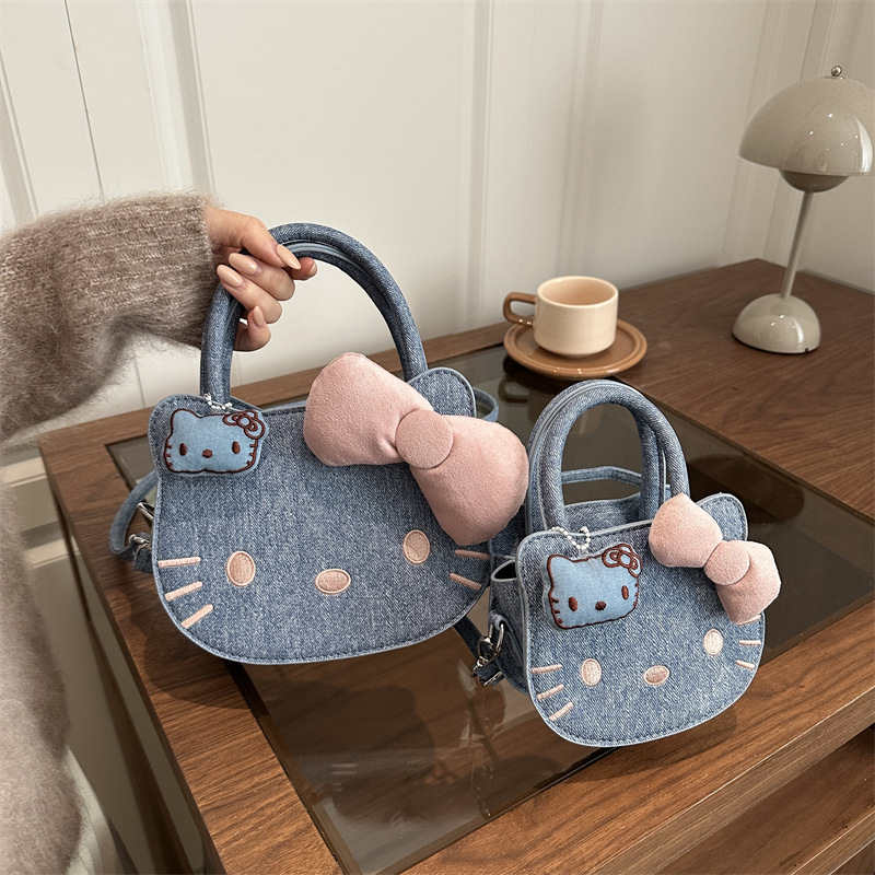 New Kitty Cat Face Denim Cartoon Handbag for Girls, Sweet New Hello Kitty Versatile Shoulder Bag Crossbody