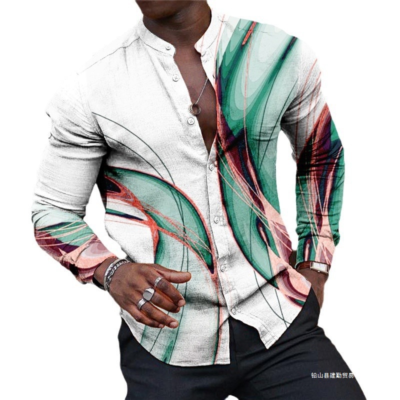 Comercio exterior 2024 camisa de manga larga Amazon ropa de hombre impresión de otoño hombre nuevo estilo europeo y americano Wish collar vertical