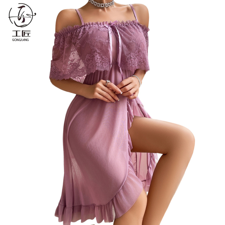 Cross-Border European and American Fat mm Export Sexy Intimates See-Through Suspender Off-Shoulder Pajamas Set Sexy Thin Lace Long Skirt