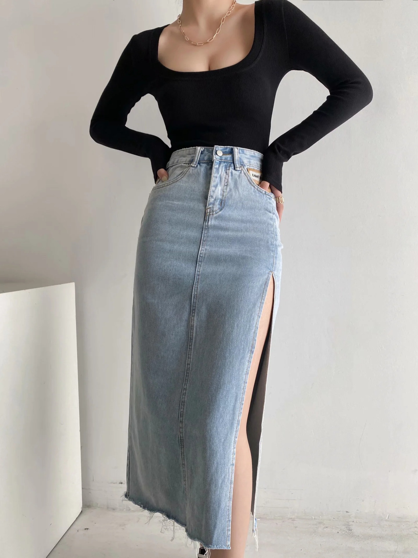 High waist side slit denim long skirt NSAC49481