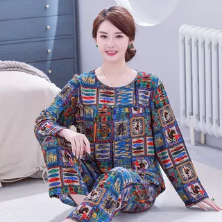綿のパジャマの女性の長袖のお母さんの春秋の家の服の人工綿のスーツの女性のおばあさんの中高年の綿織物|undefined
