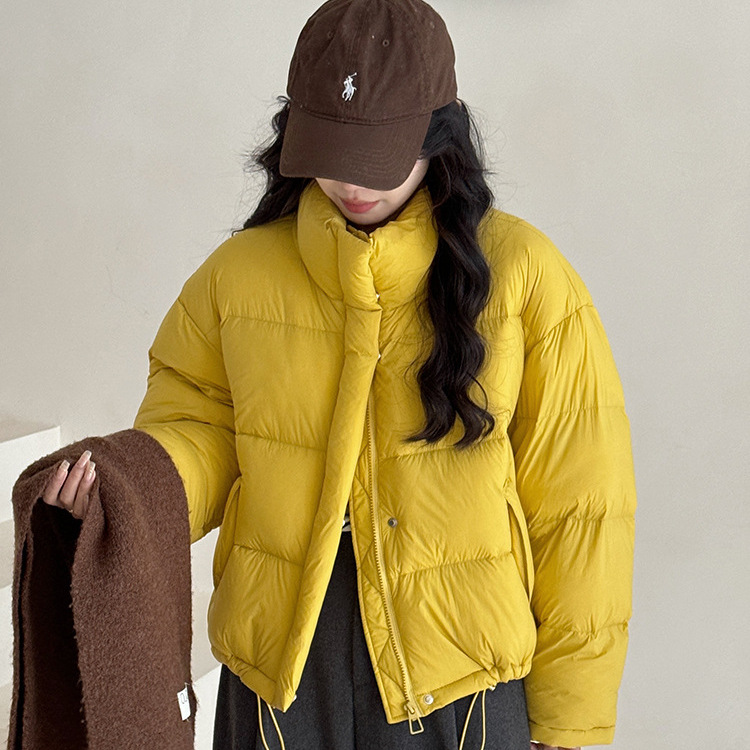 韩版新款立领黄色白鸭绒羽绒服女2025冬季加厚宽松短款面包服外套