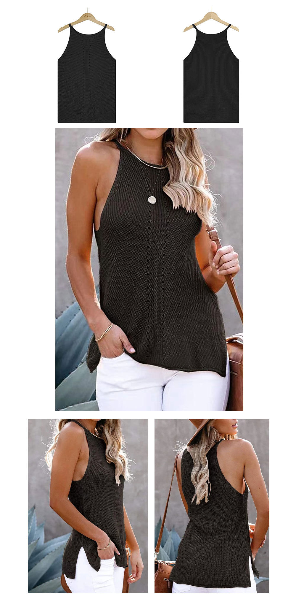 loose round neck sleeveless hollow solid color knitted vest NSWJY118221