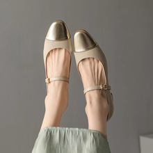 鑫宇达~真皮法式文艺气质淑女拼色中粗跟圆头浅口玛丽珍鞋单鞋女