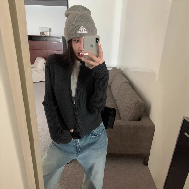 An Tinglu Spring and Autumn American Retro Zipper Knit Cardigan Slim Fit Short Long Sleeve Top Jacket for Women An Tinglu Spring and Autumn American Retro Zipper Knit Cardigan Slim Fit Short Long Sleeve Top Jacket for Women