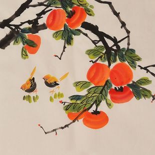 Pure hand-painted decorative painting persimmon Ruyi flower and bird painting ink painting plant flower painting flower and bird painting office painting mural painting