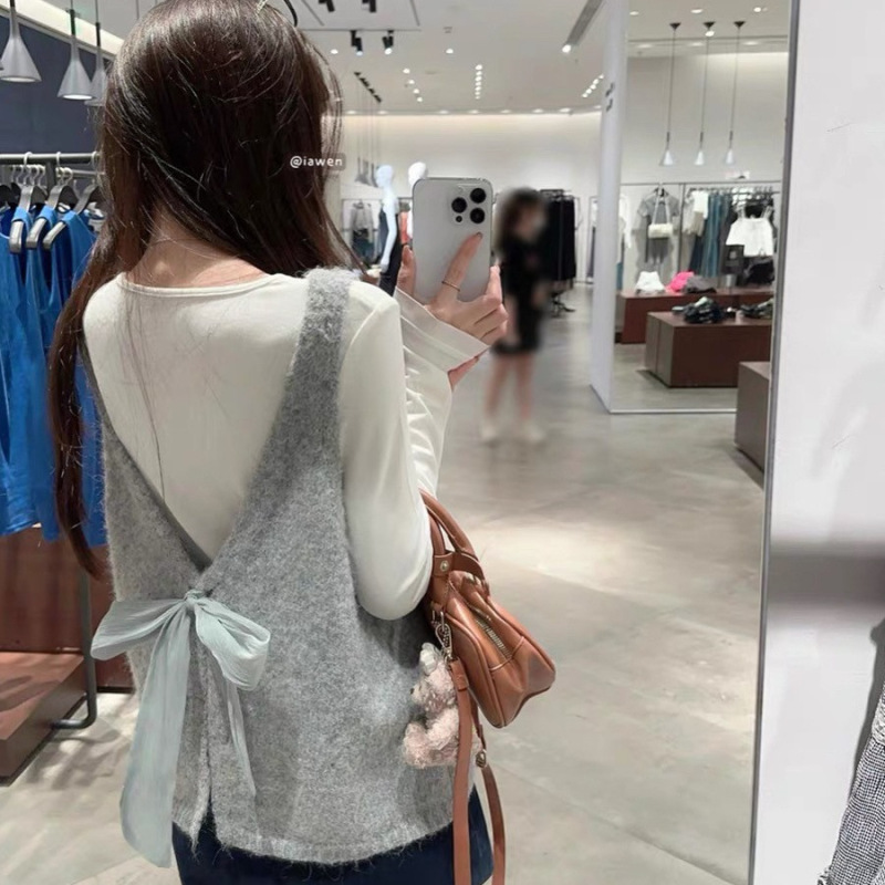 韩系U领针织马甲女2025春秋小众系带蝴蝶结软糯叠穿毛衣背心外搭|undefined