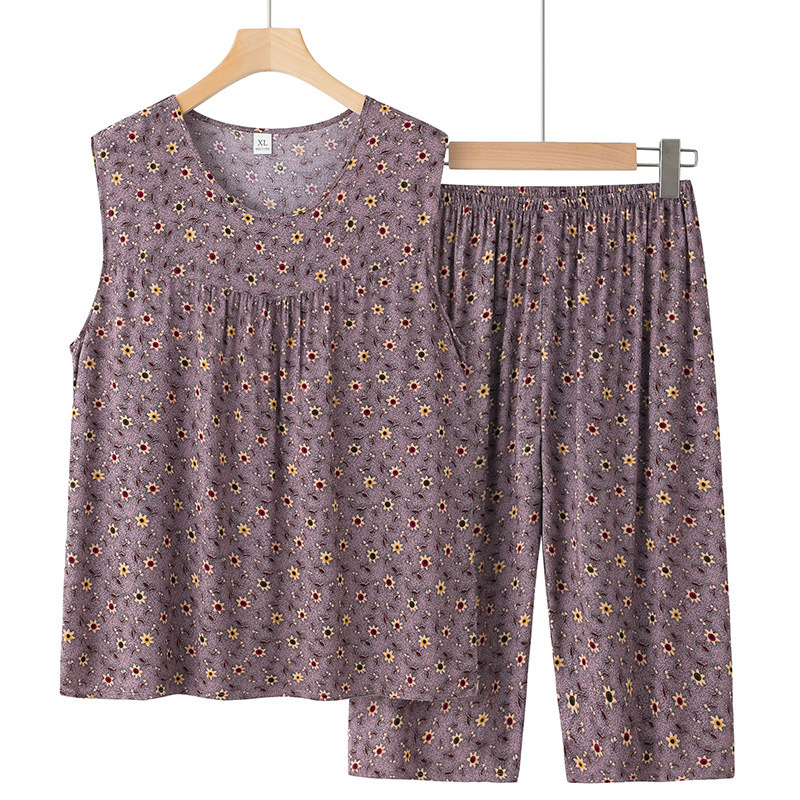 Grandma Set Summer Sleeveless T-shirt Two-piece Set Mother Loose Large Size Cotton Silk Thin Summer Vest for the Elderly