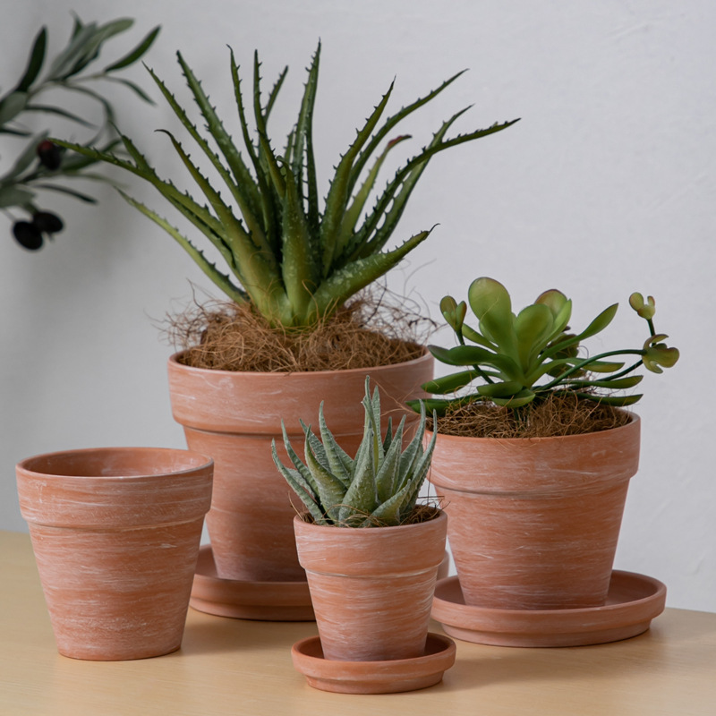 Yeba Vintage Handmade White and Red Pottery Flower Pot Coarse Pottery Breathable Plain Burning Simple Desktop Green Plant Large Imperial Rome