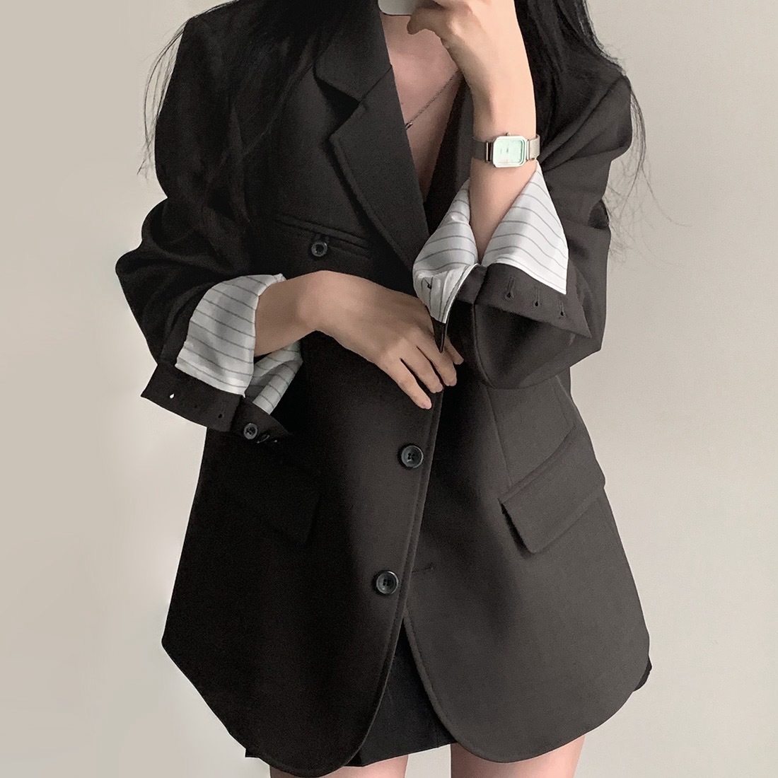 Koreanischer Chic Blazer im Vintage-Stil für den Frühling, mit Anzugkragen, einreihig, locker geschnitten, lässig._voghion.com