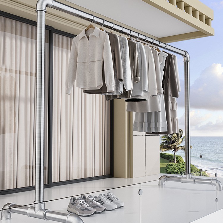 강철 파이프 건조 랙 바닥 가정용 발코니 야외 침실 망원경 의류 막대 두꺼운 간단한 단일 막대 건조 랙