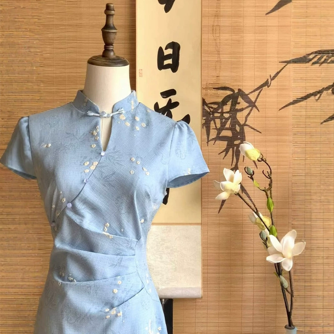 Новое синее улучшенное платье Cheongsam в китайском стиле, повседневное темпераментное облегающее талию трехмерное жаккардовое платье в национальном стиле, летнее платье