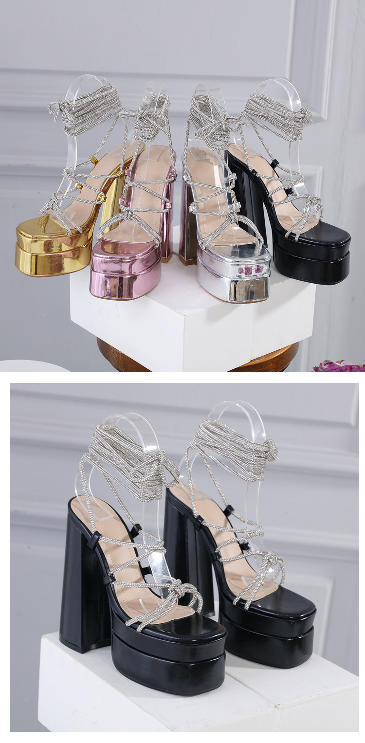 Dép sandal cao gót La Mã đính đá Rhinestone, quai dây buộc cỡ lớn — Màu đen chi tiết 17
