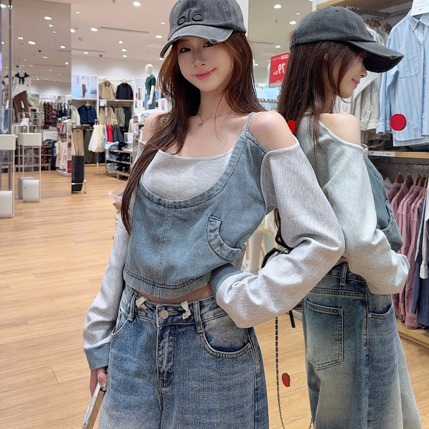 Spliced ​​Denim Fake Two-Piece Off-Shoulder Long-Sleeved Sweatshirt for Women in Autum Retro Loose Design Sexy Contrasting Tops