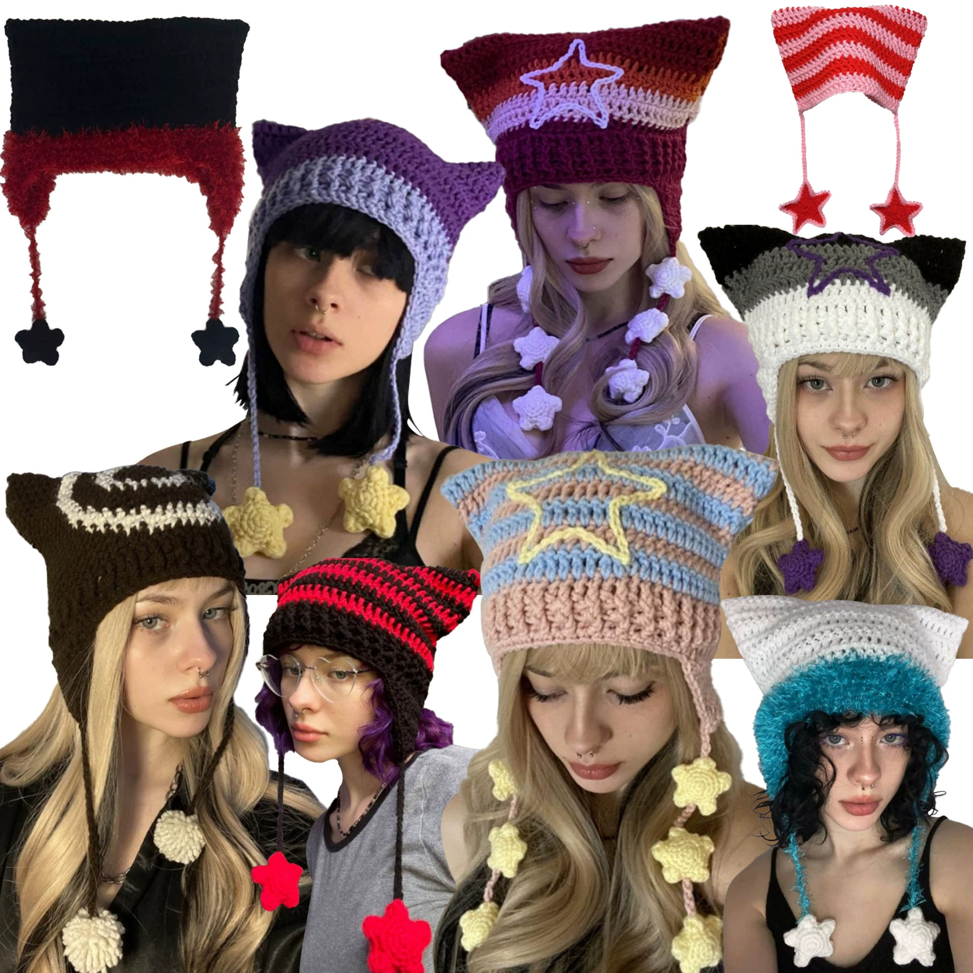 Трансграничная новая шапка кошачьих ушей ручной плетеный рог демона смешные дамы осень-зима шерсть теплая сетка красная вязаная шапка