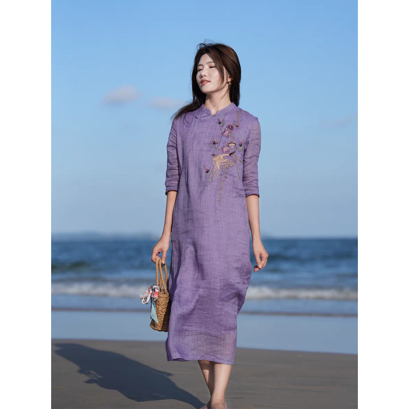 Chinese-Style Artistic Three-Quarter Sleeve Cotton and Linen Heavy Embroidery Dress, Retro Slimming Artistic Improved Cheongsam Long Tea Dress