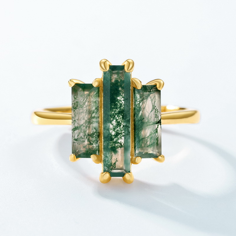 Comercio exterior de Amazon exclusivamente para personalidad exagerada, anillo de dedo alimentador de piedra de musgo verde natural S925 anillo de ágata de hierba con incrustaciones de plata