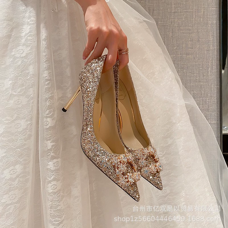 Свадебные туфли 2021 Новинка Невесты Хрустальные туфли Подружки Невесты Этикет Свадебное платье принцессы с блестками серебряные высокие каблуки женские туфли на шпильке