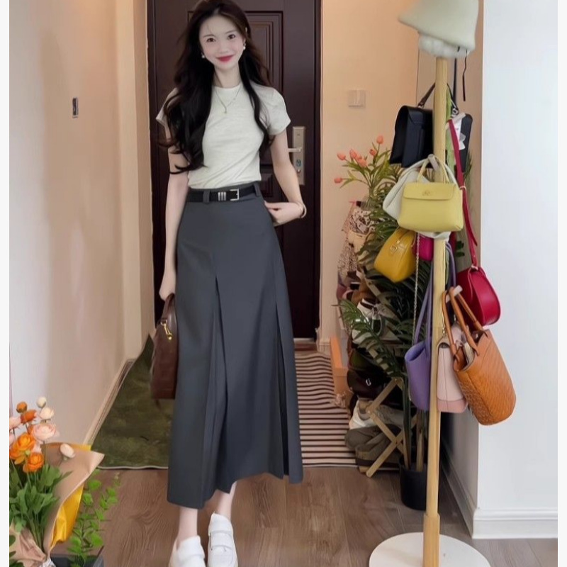 Gray Suit Pleated Skirt Women's High Waist Hip-Covering Long Skirt 2025 New Style Slimming Look Elegant A-Line Skirt