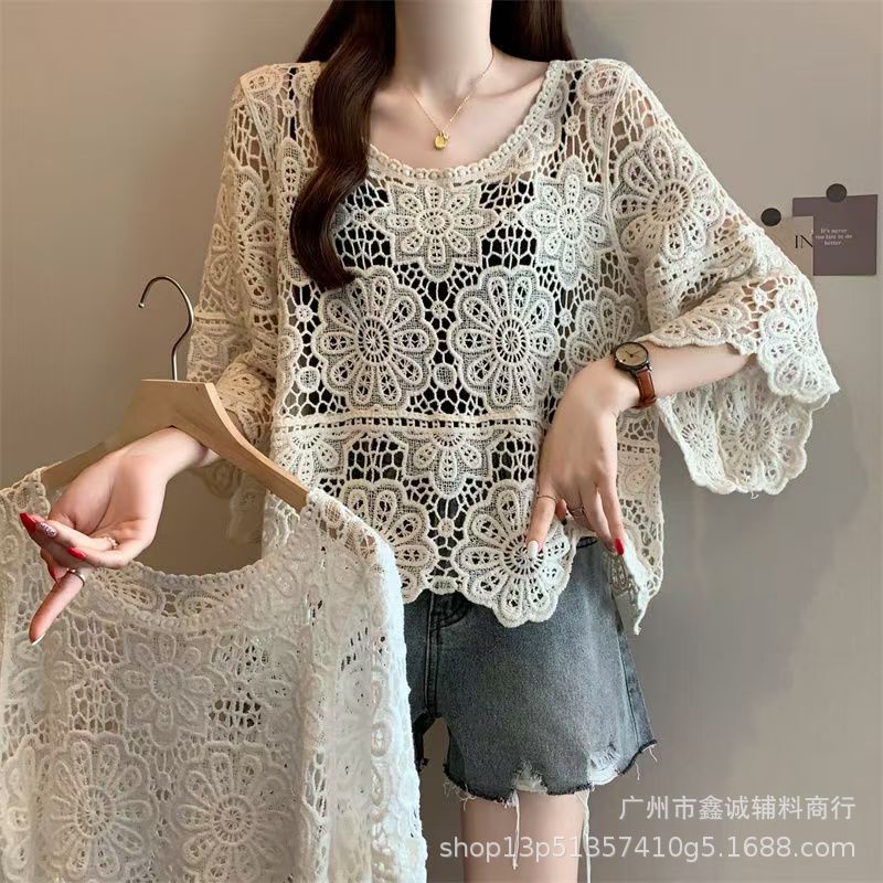 French Style Elegant Lace Shirt Women's Summer New Retro Knitted Sweater Overshirt Hollow Crochet Top Women