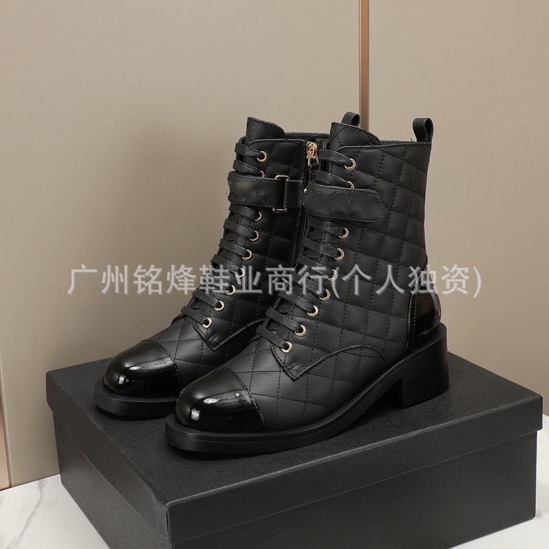 Xiaoxiangfeng スプライシングコントラストカラーレースアップマーティンブーツ女性用、甘くてクールで快適なベルクロ厚いヒールショートブーツ菱形オートバイブーツ女性用|undefined