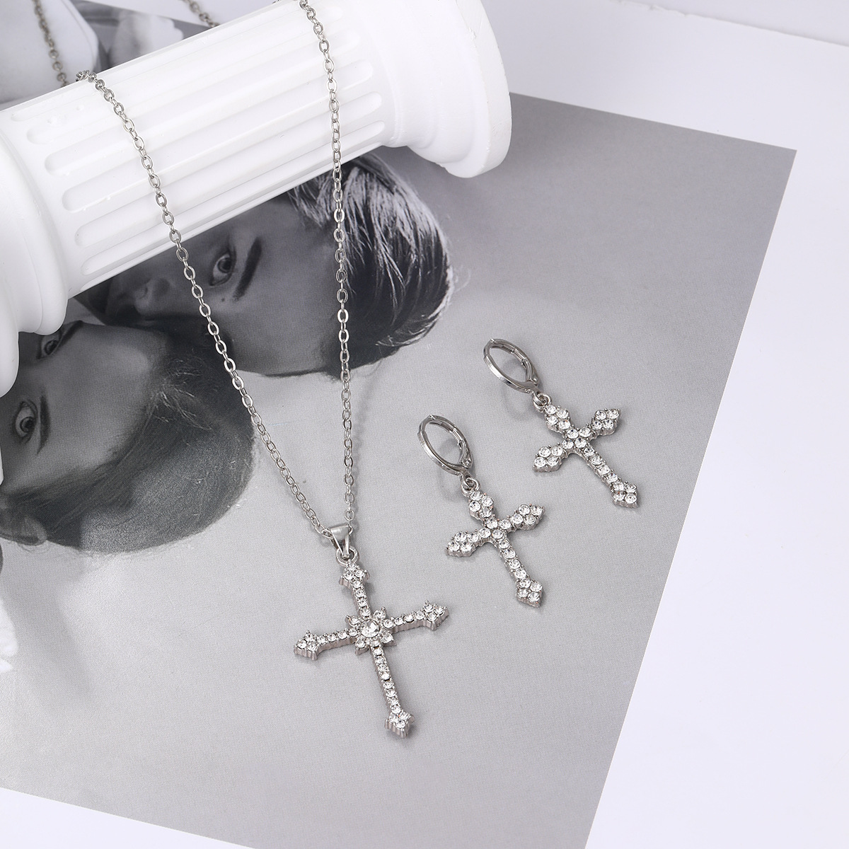 Rhinestone Cross Necklace And Earrings Set Two-piece Jewellery_voghion.com