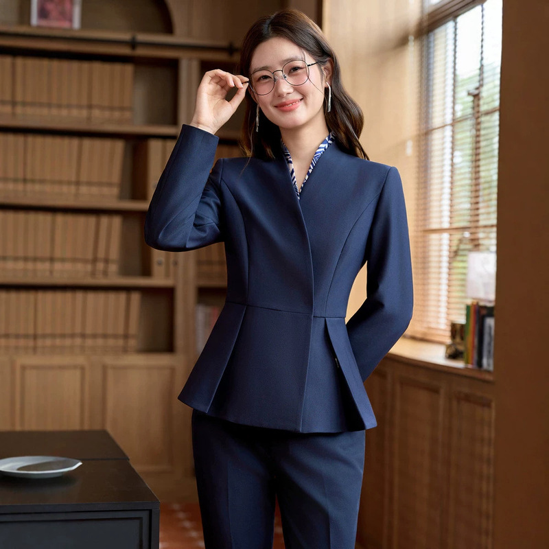 Business-style suit set for women, slim-fit, elegant, professional attire, suitable for work and formal occasions, navy blue suit set, work uniform