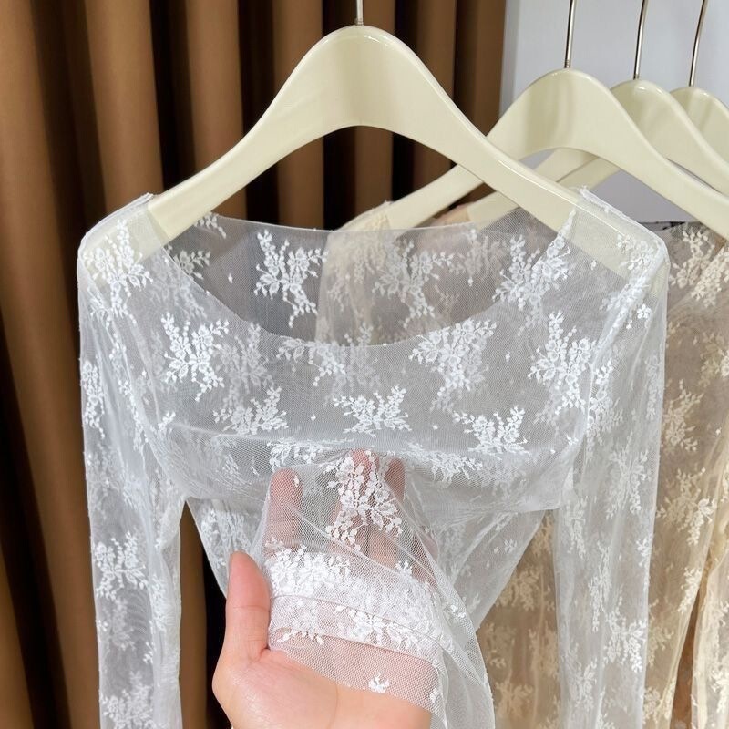 Large Round Neck Lace Base Shirt for Women, Suitable for Spring, Autumn, and Winter, Layered Wear, Sheer Transparent Mesh Top for Women Large Round Neck Lace Base Shirt for Women, Suitable for Spring, Autumn, and Winter, Layered Wear, Sheer Transparent Mesh Top for Women