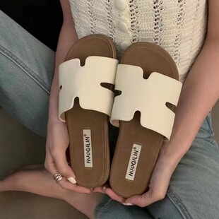 NUOQILIN Korean Style Soft Bottom H Slippers Women's Summer New Wear Casual All-match Flat Bottom Women's Shoes