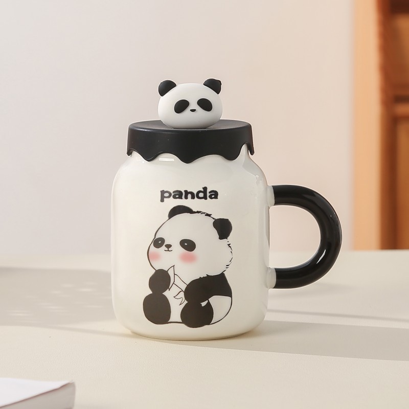 Panda creativa Taza de cerámica desayuno leche café taza de dibujos animados Taza de cerámica con tapa taza de agua regalo de la mano