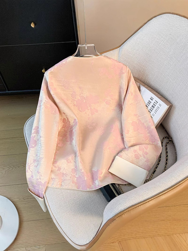 秋季新中式国风气质古典汉服茶服盘扣缎面提花复古长袖上衣外套女|undefined