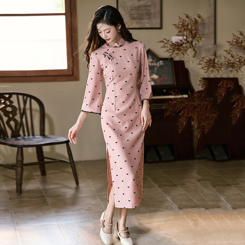 粉色蓝色国风中式长款秋季长袖旗袍改良年轻款女复古修身收腰春秋|undefined