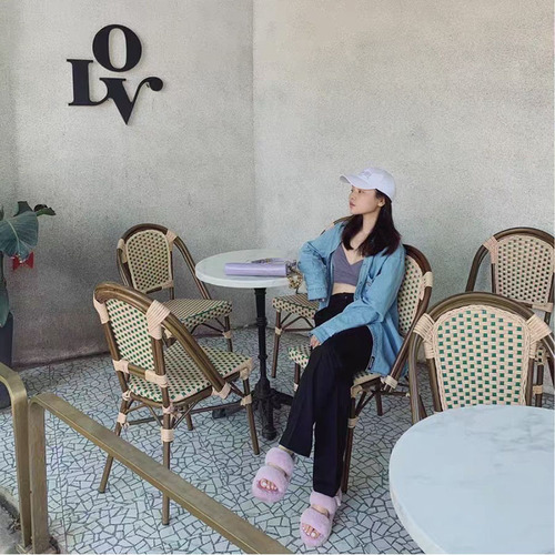 Outdoor marble stone dining table, French coffee shop, western restaurant, milk tea shop, boutique inn, retro woven furniture set