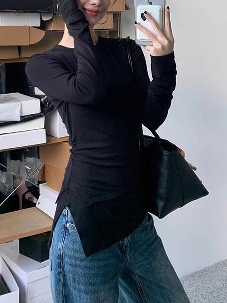 韩系不规则灰色长袖T恤内搭女早秋季别致chic打底假两件开叉上衣|undefined