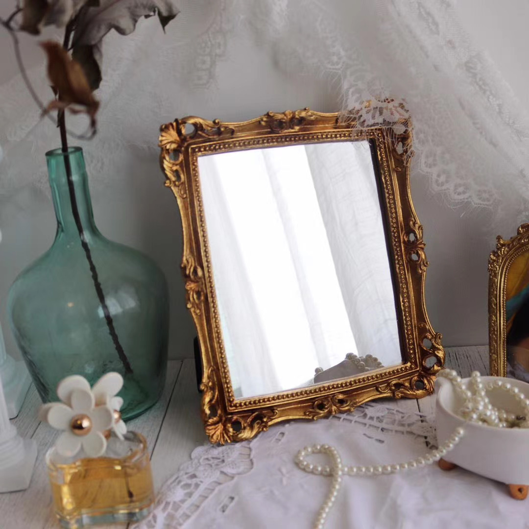 Ins European Retro Golden Resin Carved Mirror Bathroom Toilet Wall Hanging Entrance Mirror Aisle Living Room Wall