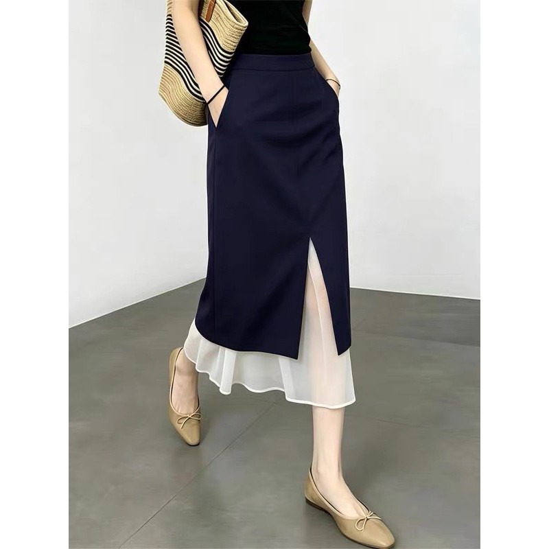 In-stock manufacturer wholesale: Fashionable navy blue slit skirt for women, new breathable patchwork straight long skirt for women