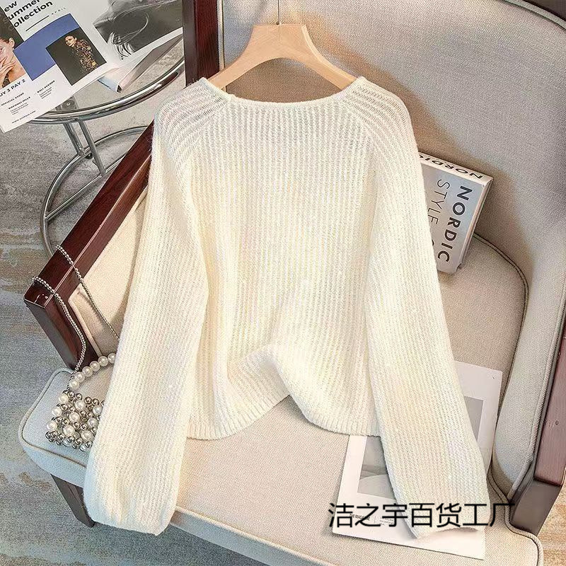 2025 primavera nueva ropa de mujer estilo coreano suelto dulce suéter de lentejuelas hueco reducción de edad diseño de todo fósforo sentido superior image 3