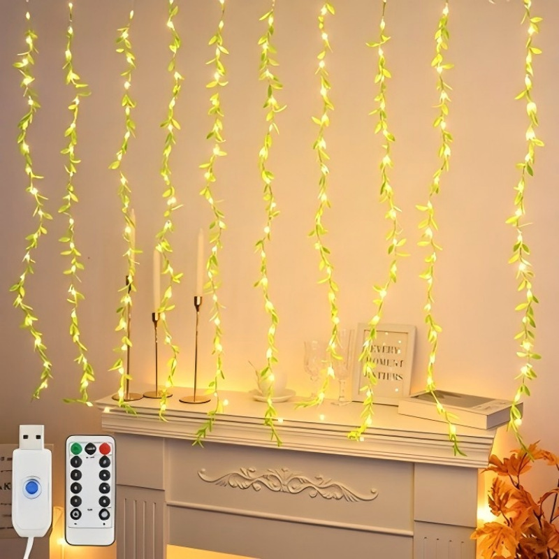 Solar-Powered Willow Branch Curtain Lights USB Copper Wire Lights Green Leaf Decorative String Lights for Garden Wedding Christmas Festival Vine Lights Solar-Powered Willow Branch Curtain Lights USB Copper Wire Lights Green Leaf Decorative String Lights for Garden Wedding Christmas Festival Vine Lights
