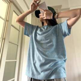 慵懒感条纹手绘刺绣短袖t恤女夏季宽松休闲百搭韩系圆领套头上衣