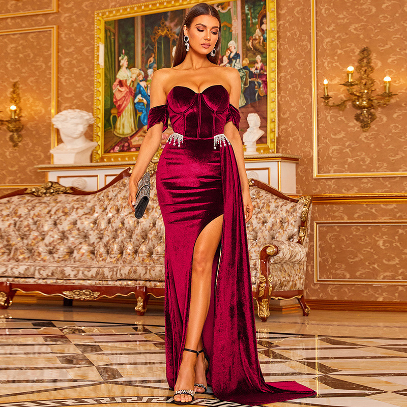 European and American Large Size Heavy Industry Diamond Velvet Long Dress One-Line Collar Party Floor-Length Slit Banquet Accessible Luxury Evening Dress