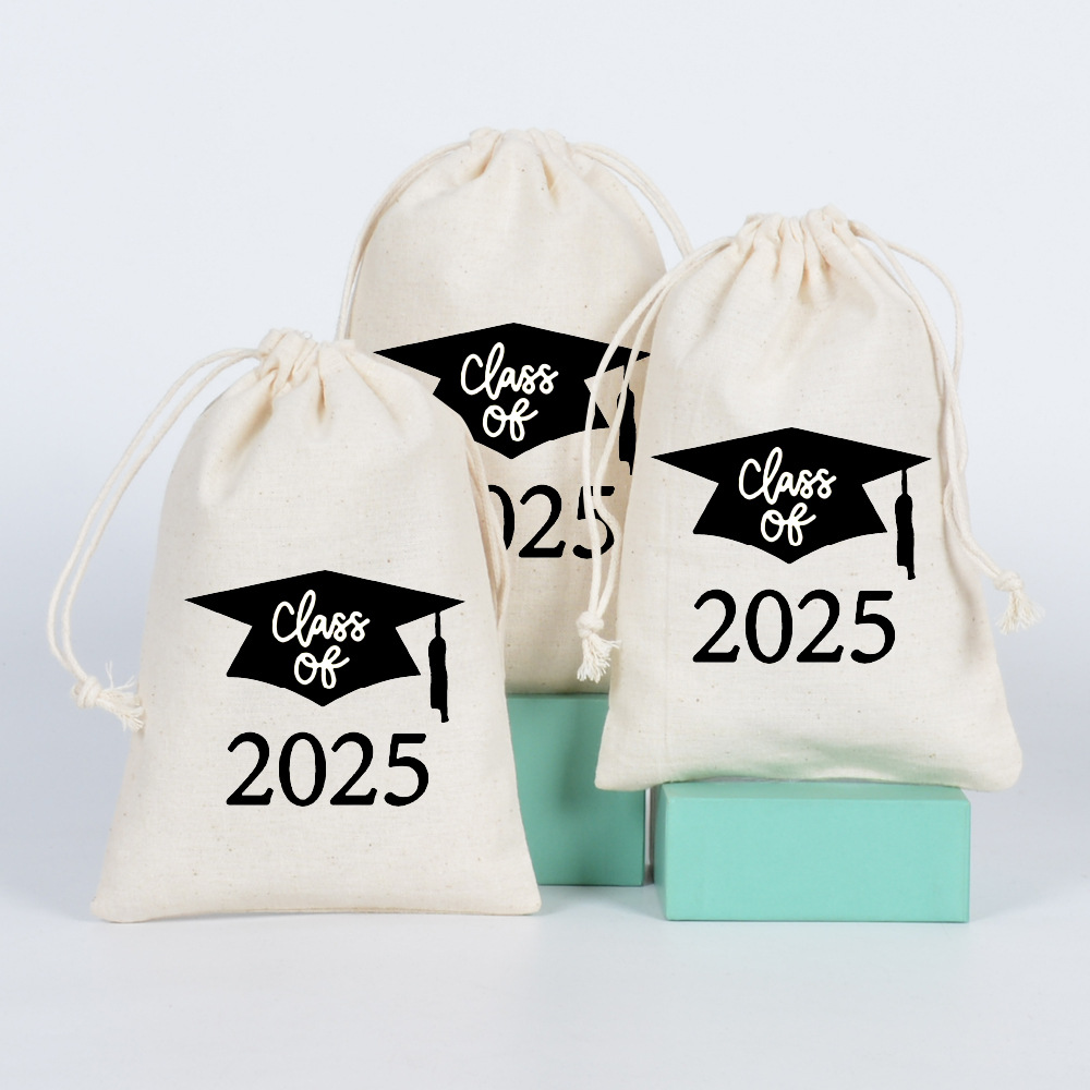 2025学士帽棉布抽绳袋毕业季帆布抽绳束口袋派对棉布礼品收纳袋