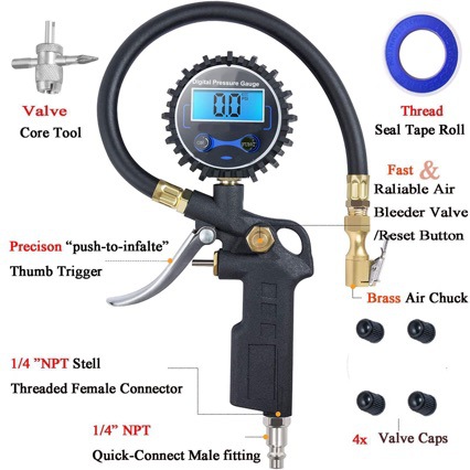 Tire Pressure Gun, High-Precision Car Tire Inflation Gun, Led Lcd Night Light Display, Electronic Digital Display Tire Pressure Gauge