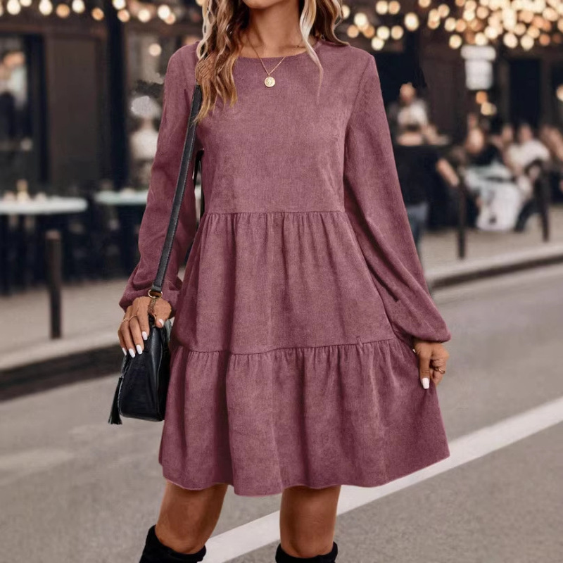 In-Stock Vintage Gentle Style Amazon Cross-Border European and American Autumn New Women's Corduroy Long-Sleeve Round-Neck Dress