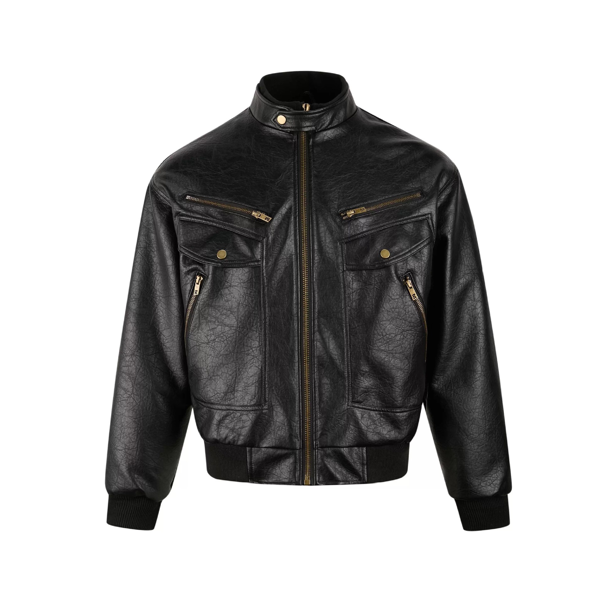 Men's Retro Leather Motorcycle Jacket With Multi Pockets Black_voghion.com