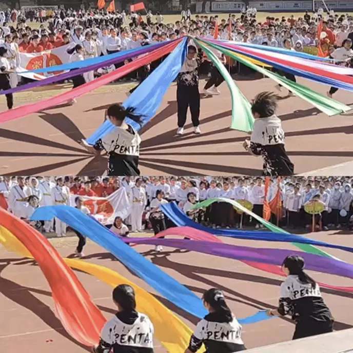 动会开幕式彩绸绸布红绸带舞蹈七色彩绸开场舞创意表演道具绸子