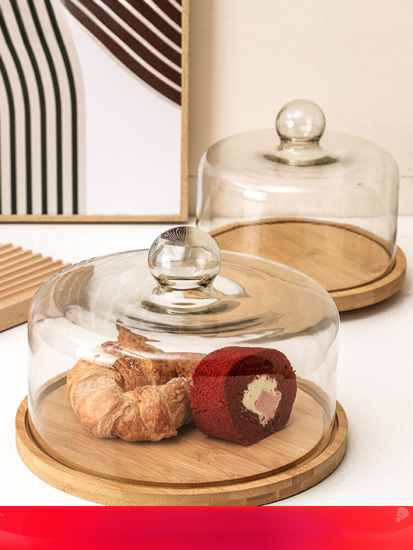 Cake Tray Rotating Wooden Snack Tray with Lid Dessert Glass Cover Cut Cake Cover Bread Display Tray
